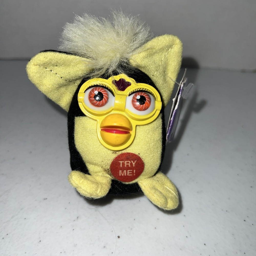 1999 Fun-4-All Tiger Mini Black & Yellow Furby Talking Plush Keychain Works 3"